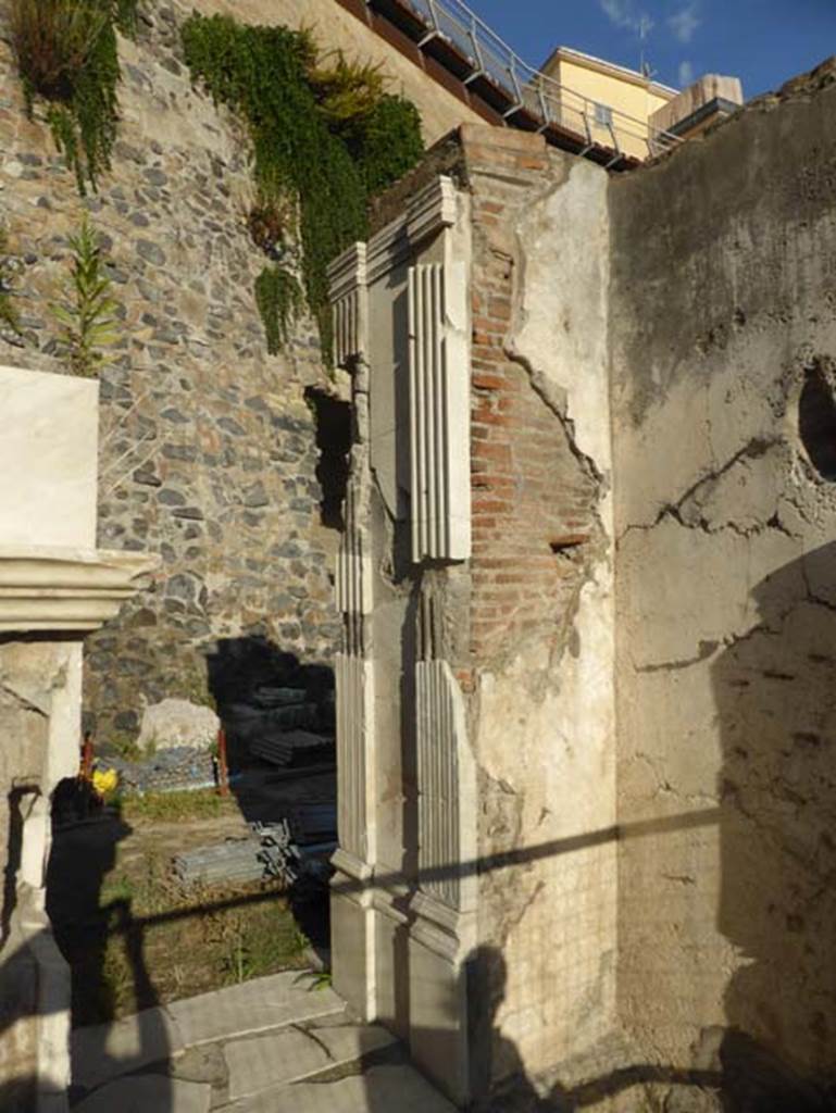 Herculaneum, September 2015. Looking north-east with corner of statue base and a structure.